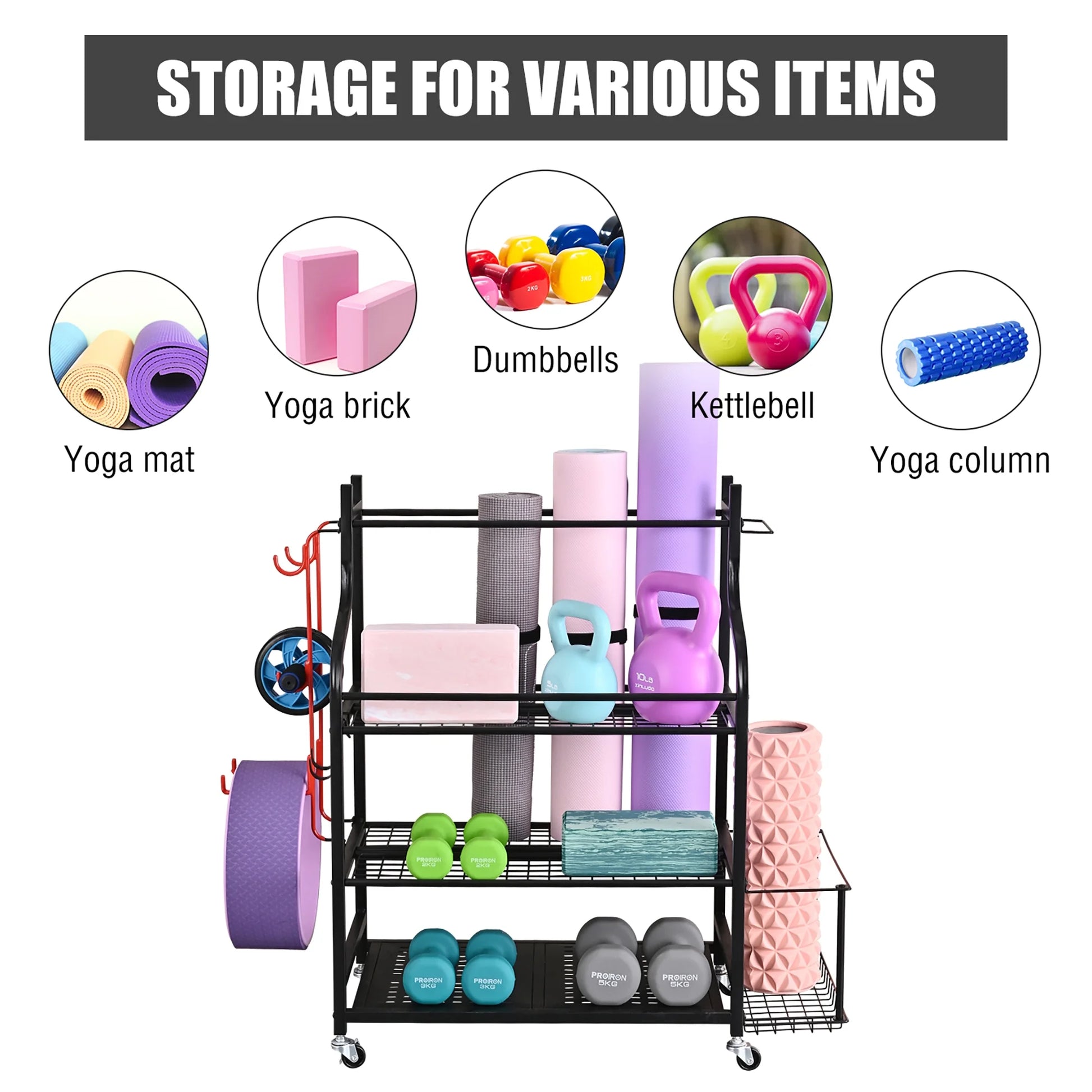 Versatile Yoga Mat Storage Rack - Organize Your Home Gym with Wheels, Hooks & Space for Dumbbells, Kettlebells, Foam Rollers, Yoga Straps, and Resistance Bands!