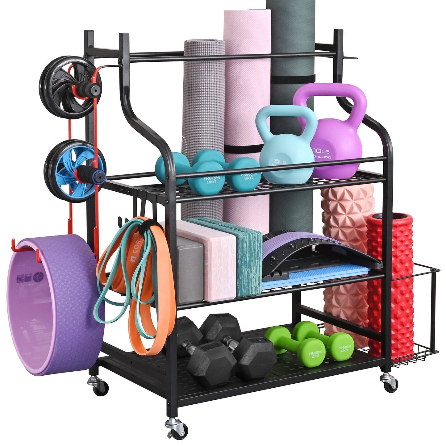 Versatile Yoga Mat Storage Rack - Organize Your Home Gym with Wheels, Hooks & Space for Dumbbells, Kettlebells, Foam Rollers, Yoga Straps, and Resistance Bands!