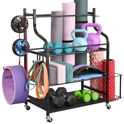 Versatile Yoga Mat Storage Rack - Organize Your Home Gym with Wheels, Hooks & Space for Dumbbells, Kettlebells, Foam Rollers, Yoga Straps, and Resistance Bands!