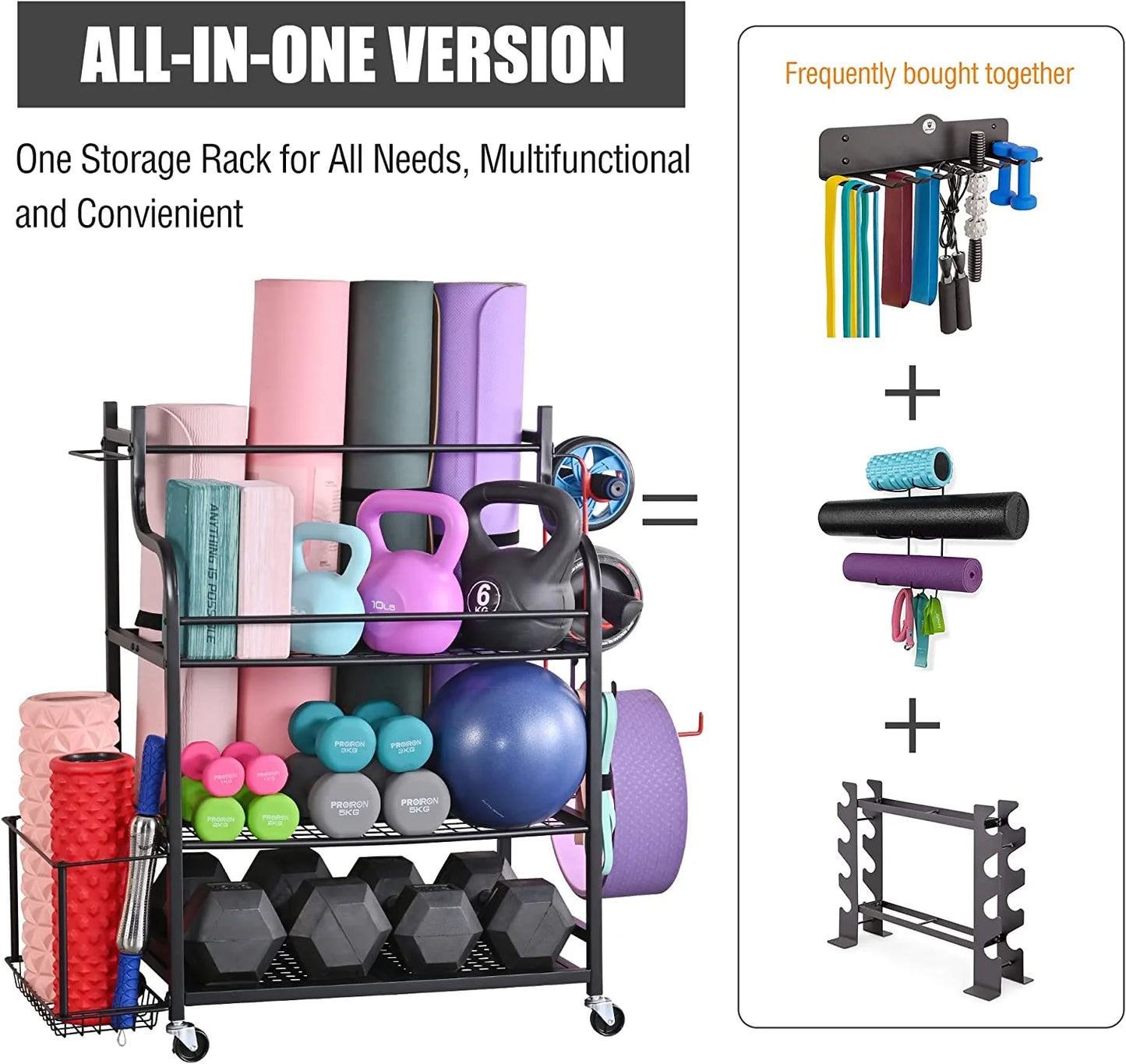Versatile Yoga Mat Storage Rack - Organize Your Home Gym with Wheels, Hooks & Space for Dumbbells, Kettlebells, Foam Rollers, Yoga Straps, and Resistance Bands!