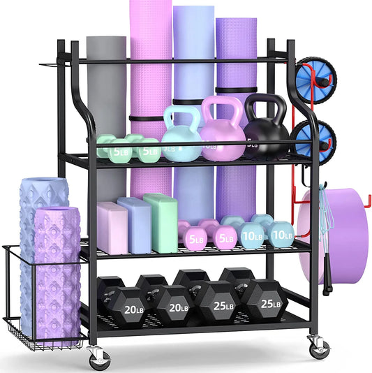 Versatile Yoga Mat Storage Rack - Organize Your Home Gym with Wheels, Hooks & Space for Dumbbells, Kettlebells, Foam Rollers, Yoga Straps, and Resistance Bands!