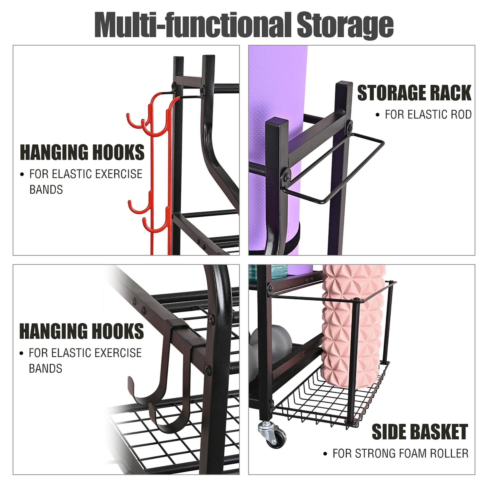Versatile Yoga Mat Storage Rack - Organize Your Home Gym with Wheels, Hooks & Space for Dumbbells, Kettlebells, Foam Rollers, Yoga Straps, and Resistance Bands!